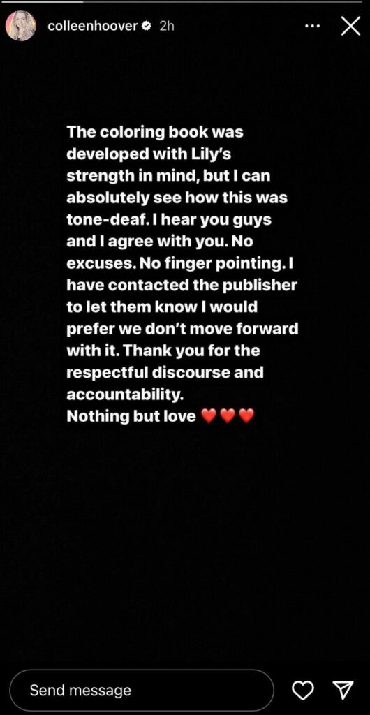 Colleen Hoover colouring book apology