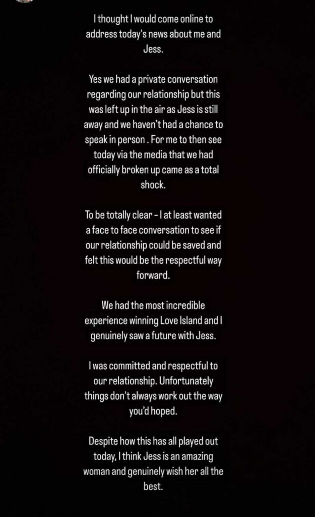 Love Island's Sammy and Jess have spilt