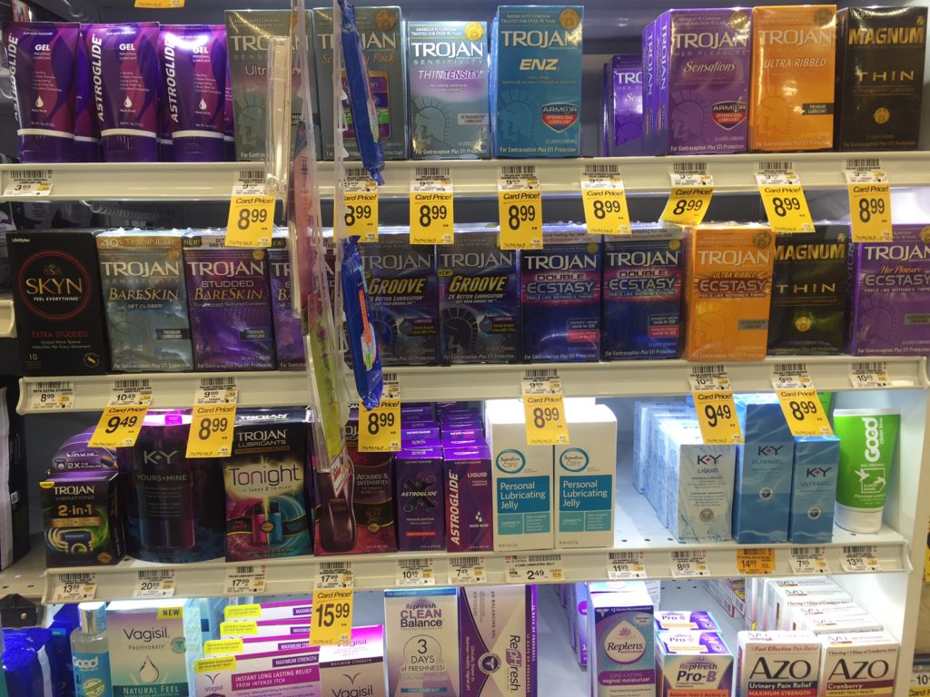 In the pharmacy section of one grocery store, sexual health items included pregnancy tests, vaginal discomfort creams, and an abundance of condom options. No other form of female birth control was available.