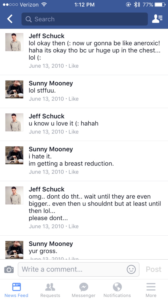 My best friend and I having a constructive debate on the risks of undergoing a breast reduction c. 2010, eighth grade