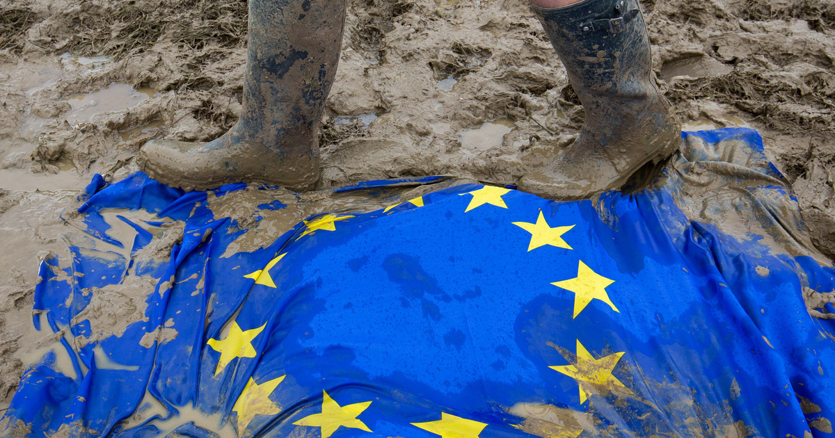 A European Union flag lies in the mud by The Other Stage at Glastonbury Festival, Pilton, Somerset. 24 June 2016. See story SWBREXIT.