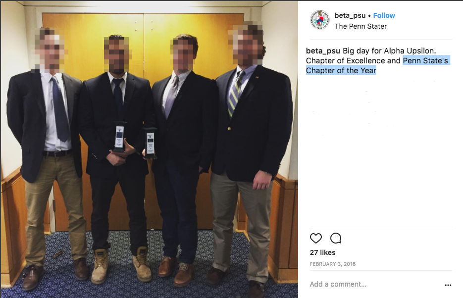 Beta brothers pose with their chapter of the year award, exactly a year before Tim's death