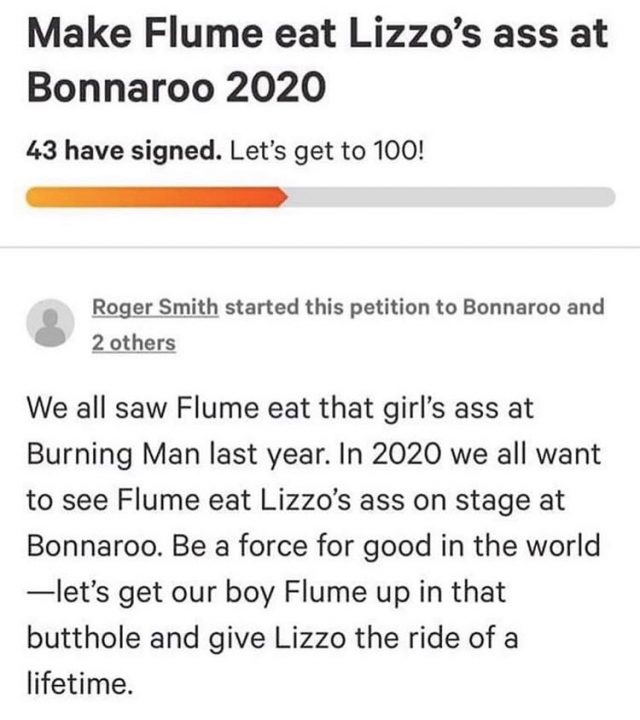 Flume eat Lizzo ass petition, watch, full video, explicit, porn, festival, deleted, meme, reaction, explanation, Bonnaroo 2020, change.org