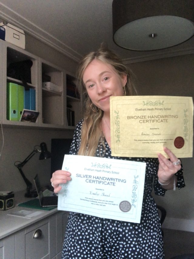 Girl with handwriting certificates