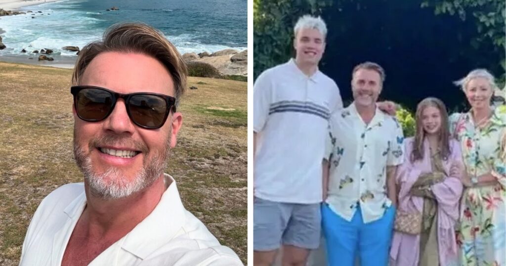 Gary Barlow in South Africa and family picture with his tall son