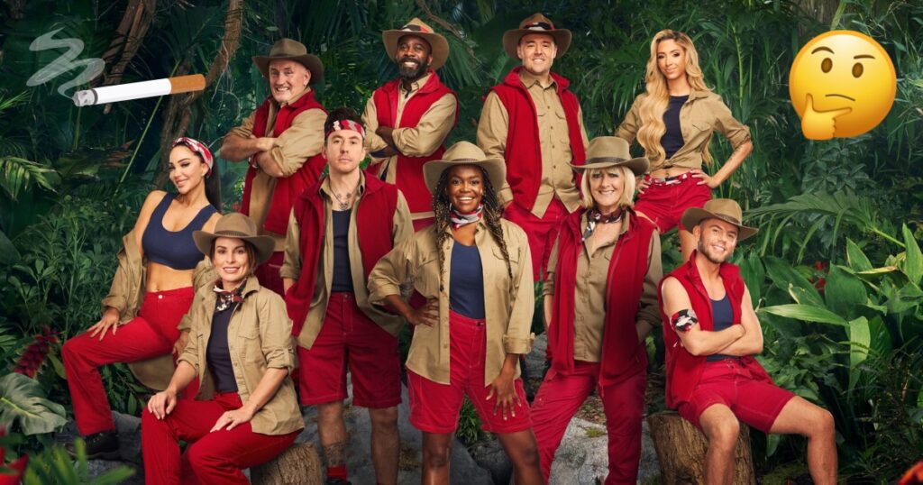 I'm a Celeb cast with cigarette graphic and confused emoji