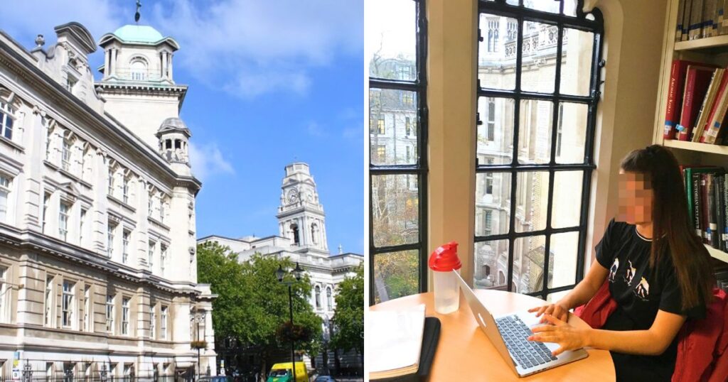 the university of portsmouth and a generic picture of a uk uni student at a laptop