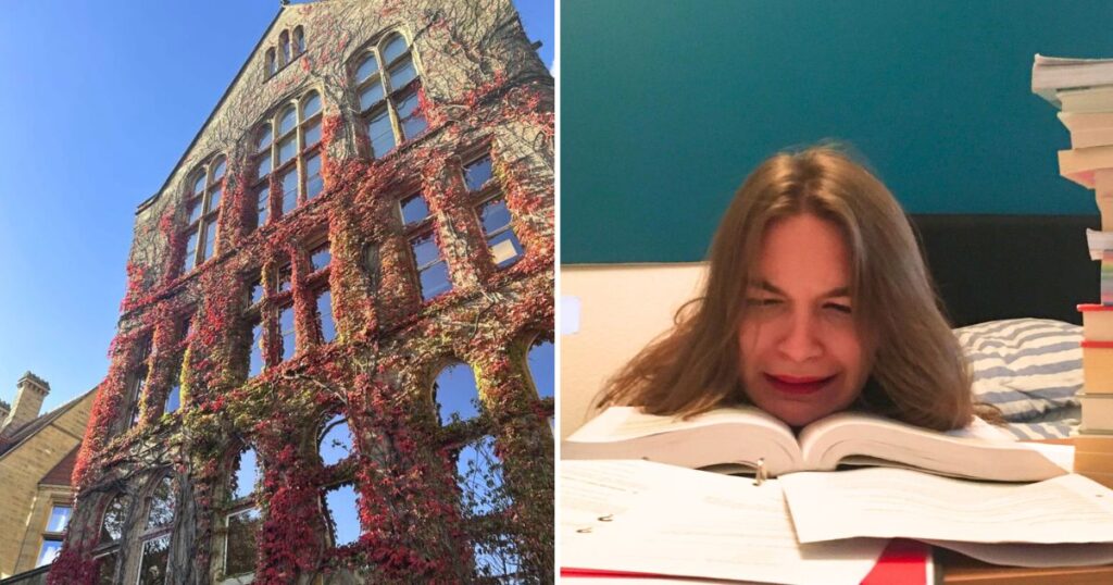 university of manchester and a student looking like they're not satisfied with their teaching