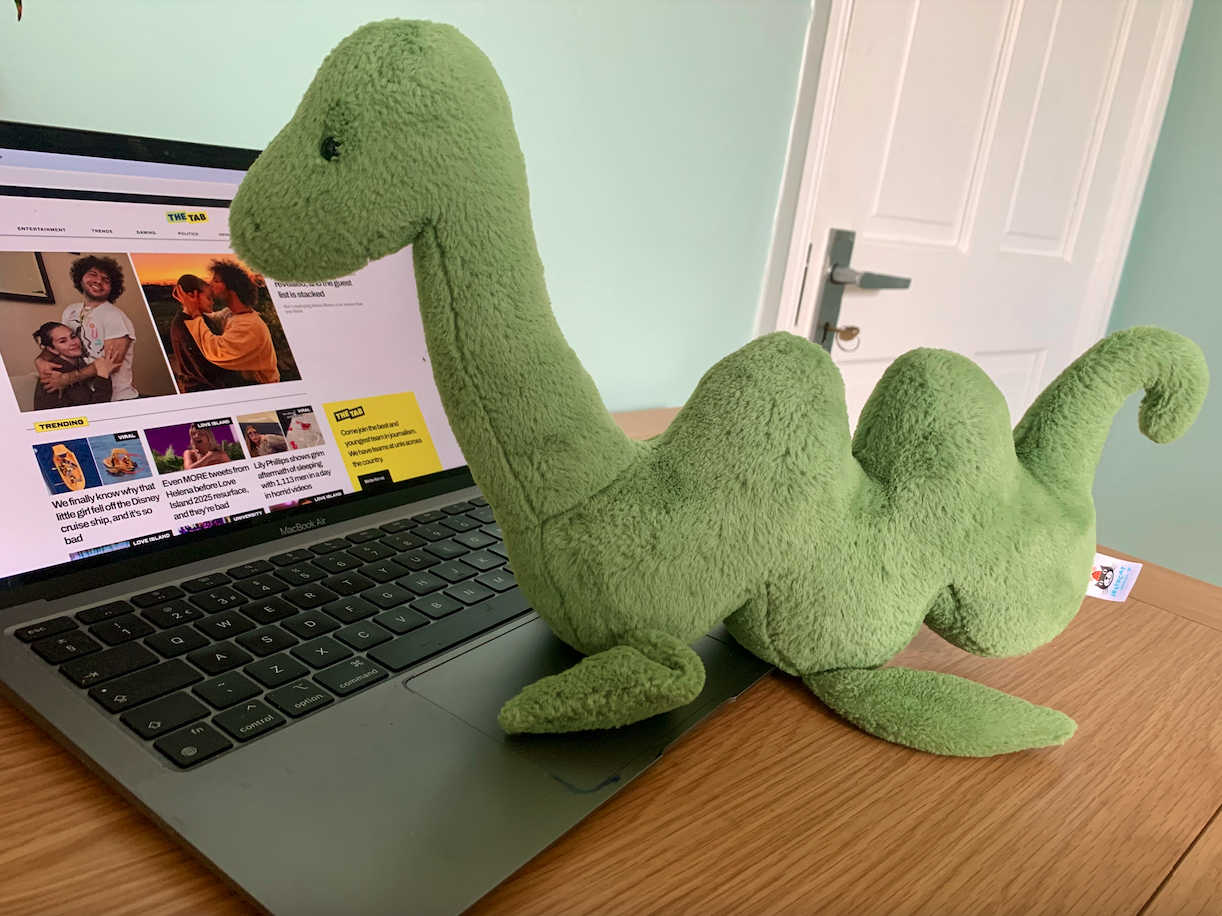 my precious jellycat loch ness monster readying the tab