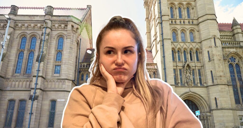 a student (from oxford) looking bored in front of a pic of the university of manchester