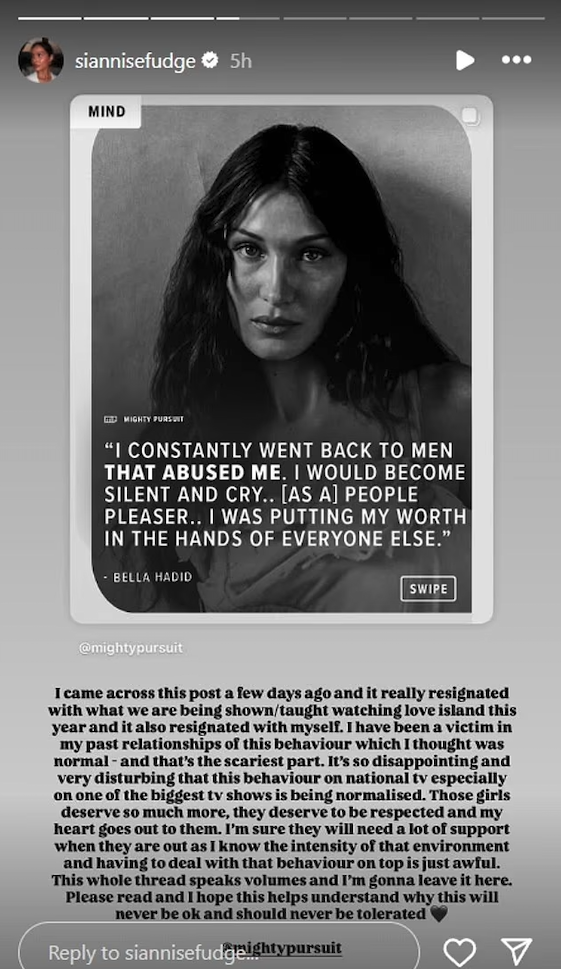 siannise's instagram story about this year's love island
