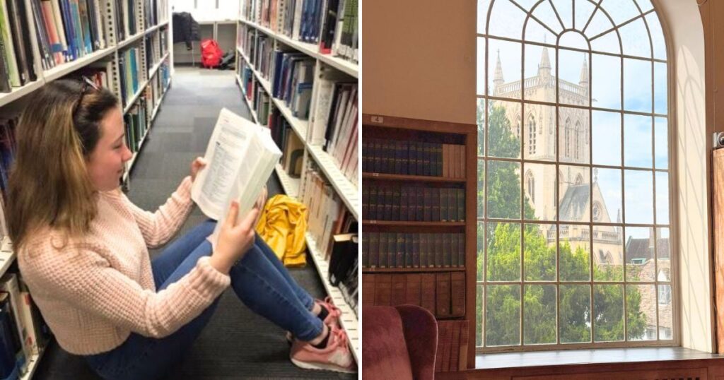a student in the library at the university of exeter, then an artsy pic of a library room at the uni of cambridge