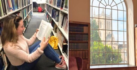 a student in the library at the university of exeter, then an artsy pic of a library room at the uni of cambridge