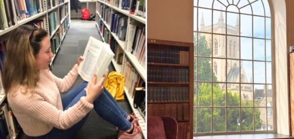 a student in the library at the university of exeter, then an artsy pic of a library room at the uni of cambridge