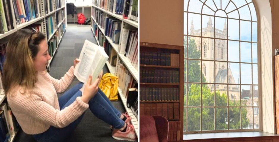 a student in the library at the university of exeter, then an artsy pic of a library room at the uni of cambridge
