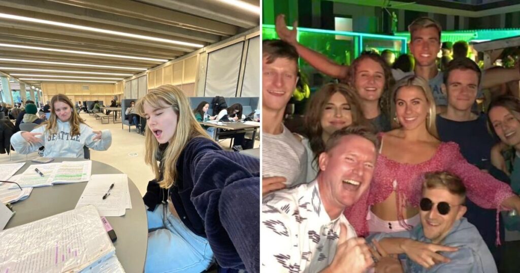 some russell group students studying and then some young people who are hopefully mostly students on a night out