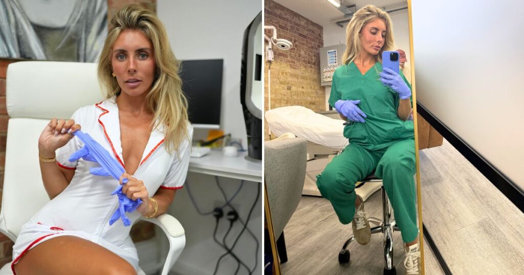 bonnie blue posing in two nurse-like outfits for her men's health event