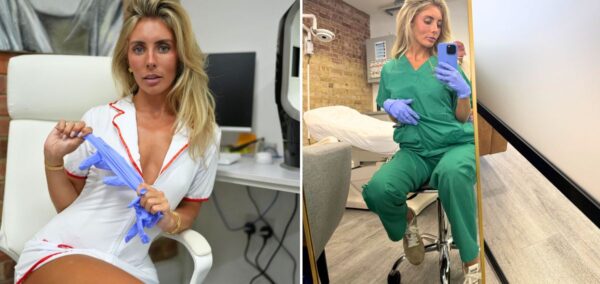 bonnie blue posing in two nurse-like outfits for her men's health event