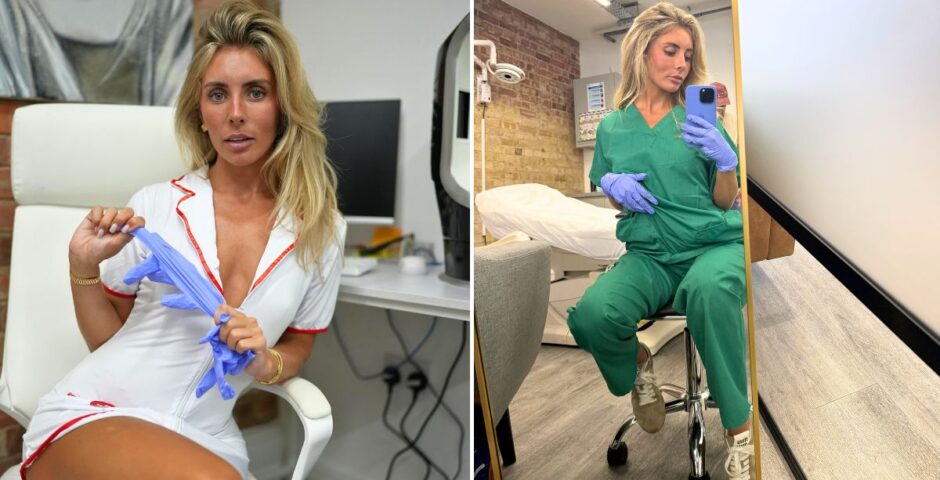 bonnie blue posing in two nurse-like outfits for her men's health event