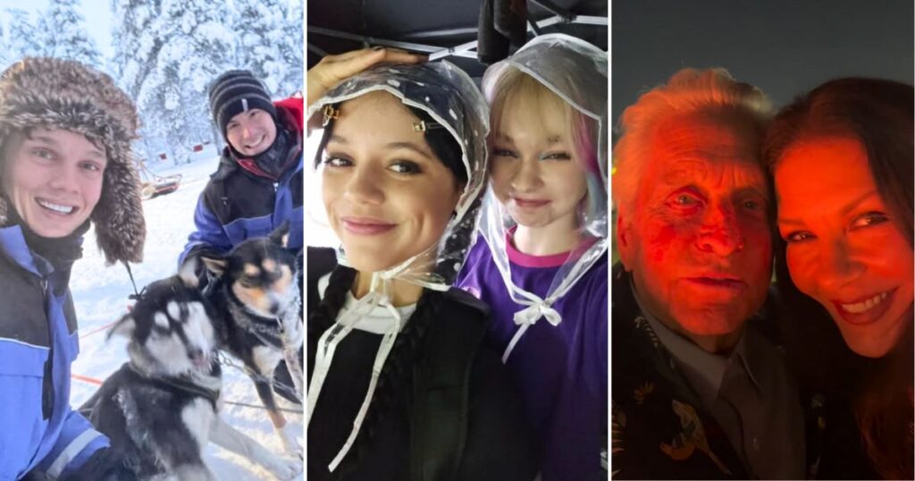 wednesday season two cast catherine zeta jones and michael douglas hunter doohan and his husband and then jenna ortega and emma myers who are not in a relationship fyi i just worried i needed them in the feature image bc they're more recognisable