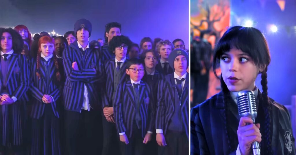 lots of the cast of wednesday season two and then actual wednesday looking judgey