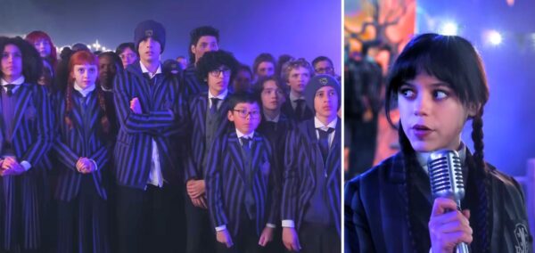 lots of the cast of wednesday season two and then actual wednesday looking judgey