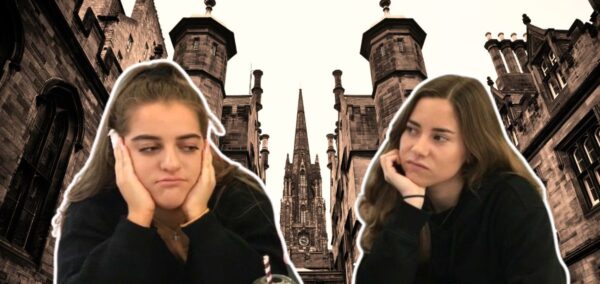 some students looking non-satisfied in front of the university of edinburgh which is a russell group uni and on this list