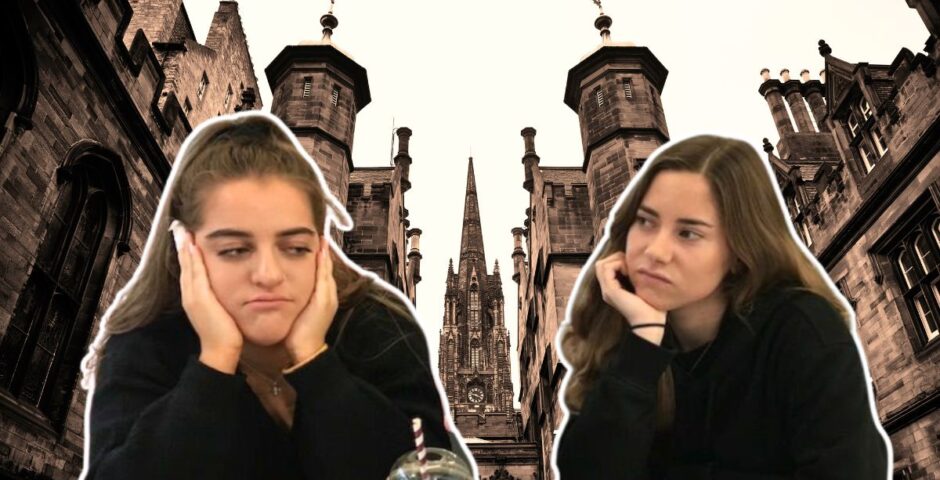 some students looking non-satisfied in front of the university of edinburgh which is a russell group uni and on this list