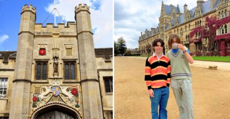 the gate of st john's college at the university of cambridge (i think) and then two students at the university of oxford