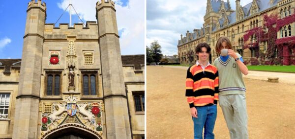 the gate of st john's college at the university of cambridge (i think) and then two students at the university of oxford