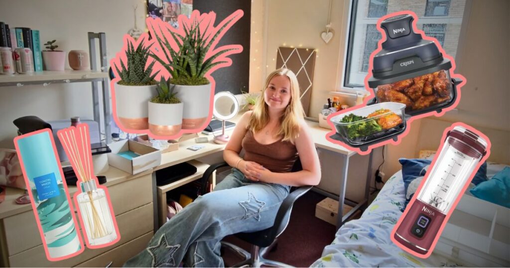 a uk uni student in a room with some items from the john lewis uni essentials list 2025