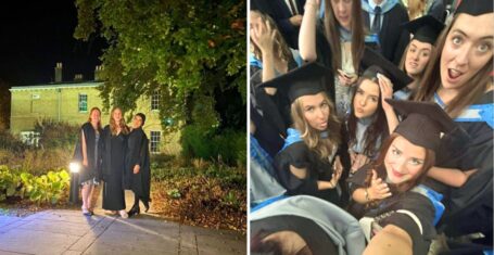 three uni of cambridge students at matriculation at fitzwilliam college, then a crowd of uni of liverpool grads