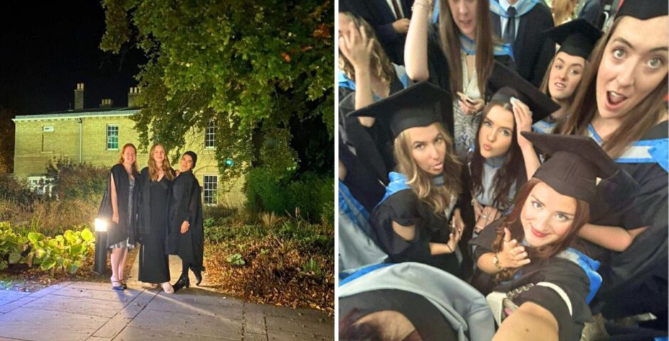 three uni of cambridge students at matriculation at fitzwilliam college, then a crowd of uni of liverpool grads