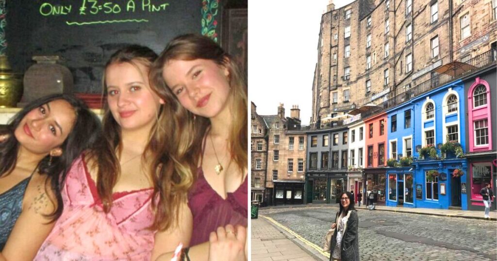 durham uni students looking happy in a pub and then a student in the uk city edinburgh