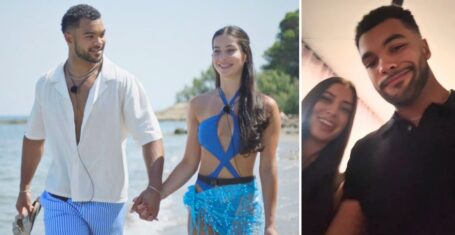 jamie and yasmin on love island and then a bad selfie of them beyond the villa