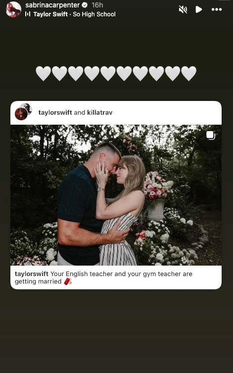 sabrina carpenter instagram story about taylor and travis