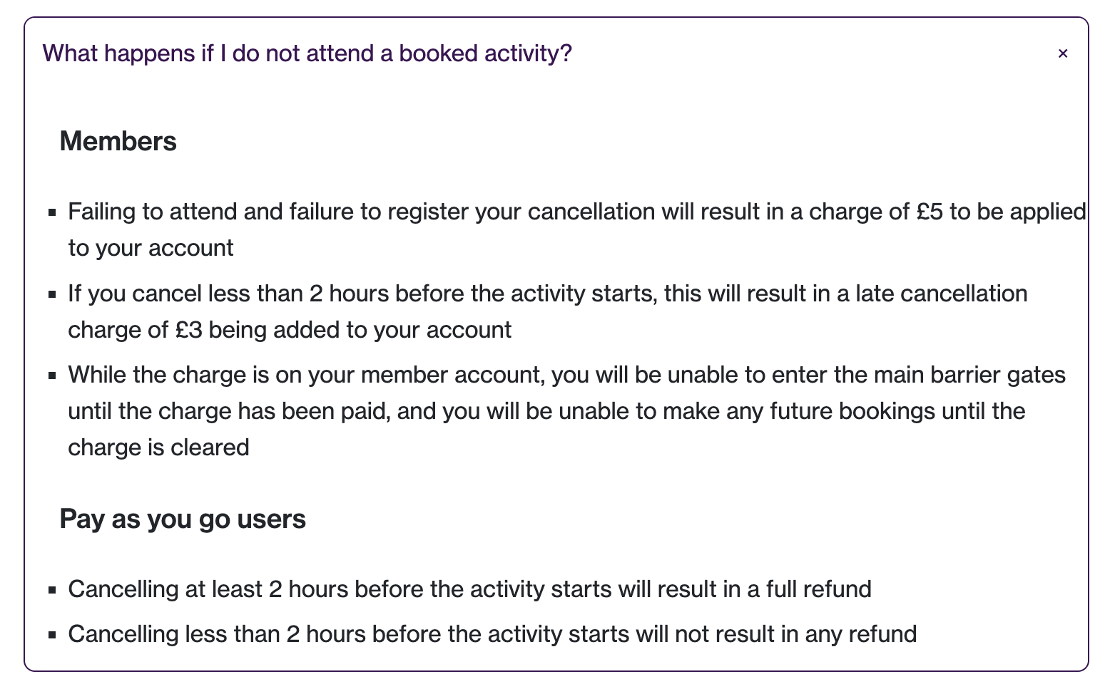 A screenshot of the University of Warwick's FAQs page, outlining what happens if you don't attend a booked activity