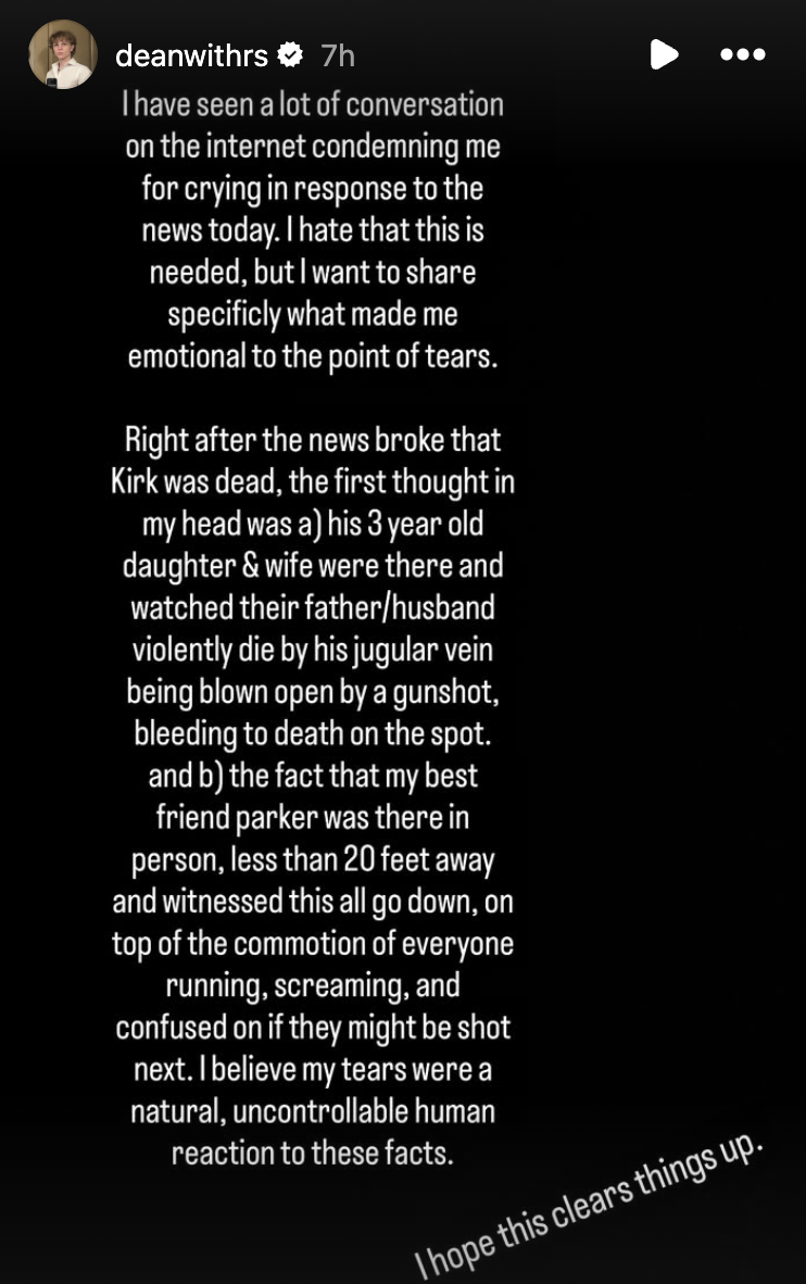 Dean Withers's Instagram story about charlie kirk death
