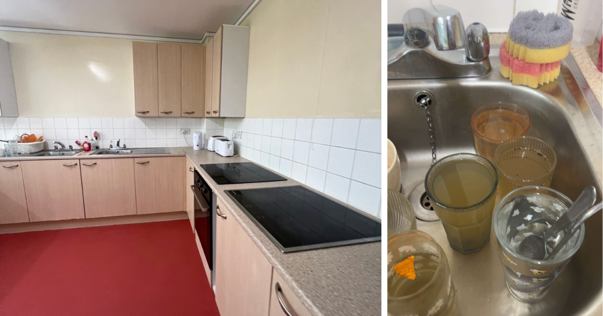 A shared kitchen with dishes in the sink
