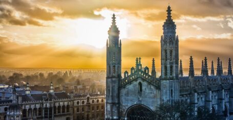king's college chapel at the university of cambridge and a very dramatic sunset