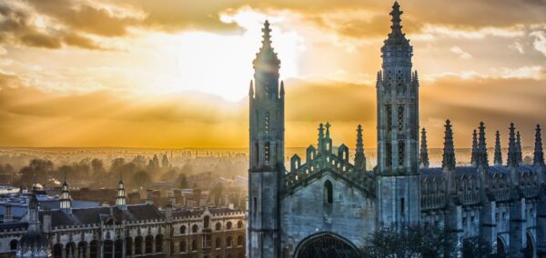 king's college chapel at the university of cambridge and a very dramatic sunset