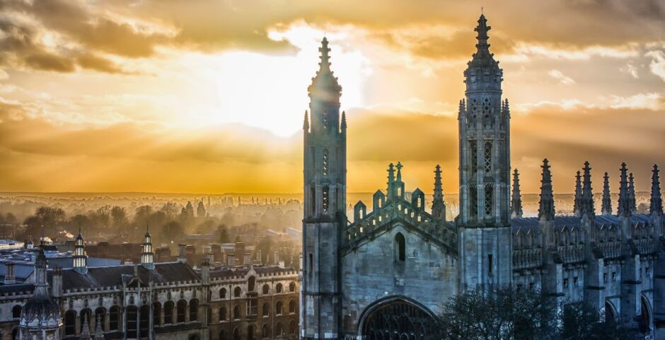 king's college chapel at the university of cambridge and a very dramatic sunset
