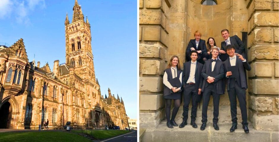 the university of glasgow and then some students at i thought the university of cambridge but it does look more like oxford to me it's definitley oxbridge anyway