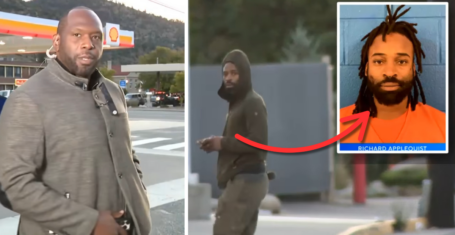Robbery suspect walks behind news crews