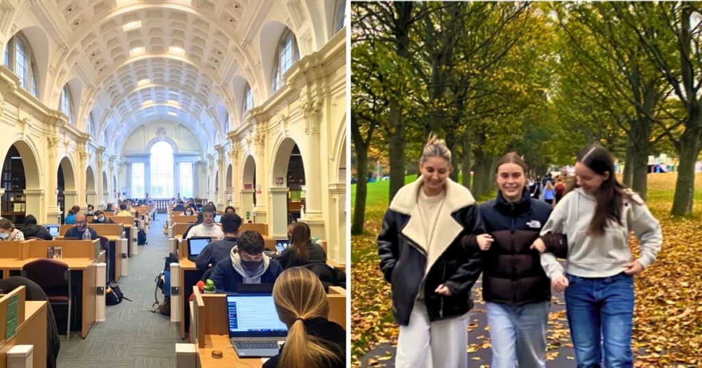 students studying in cardiff university library then some leeds students outside