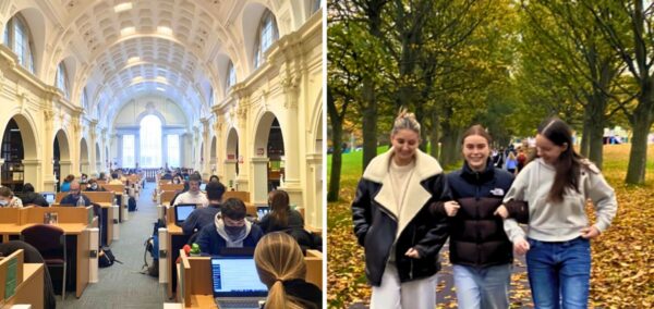 students studying in cardiff university library then some leeds students outside