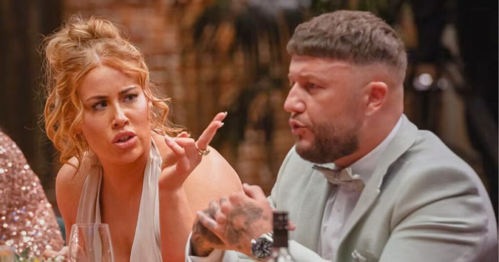 polly and adam arguing at a dinner party on mafs uk 2024