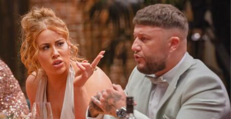 polly and adam arguing at a dinner party on mafs uk 2024