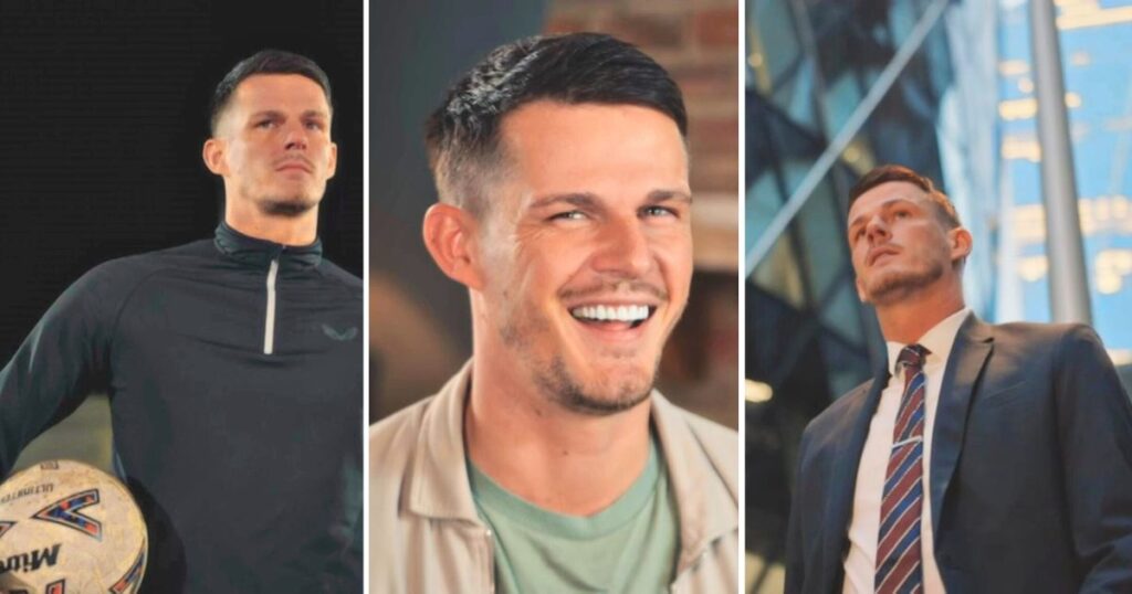 mafs uk groom steven playing football and walking around the city of london in a suit in order to give finance bro vibes