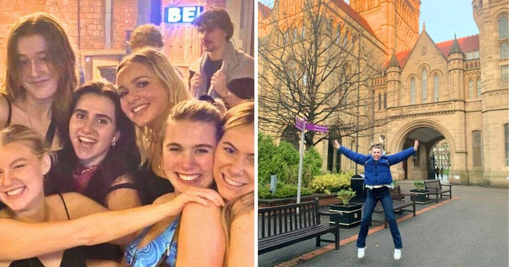 uk uni students in a crowded place and then a manchester student in front of mancheste uni oversubscribed uk universities